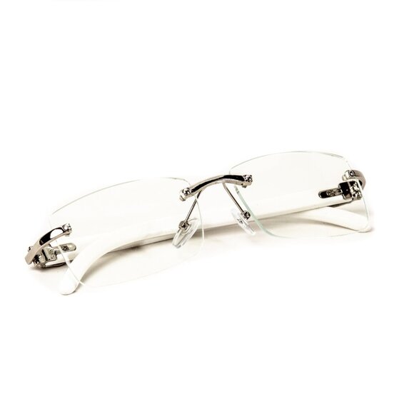 White Wood Grain Clear Lens Mens Silver Frame Rectangular Luxury Square Glasses - Picture 5 of 6